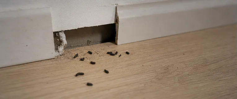 Pest technician inspecting rodent evidence at a property